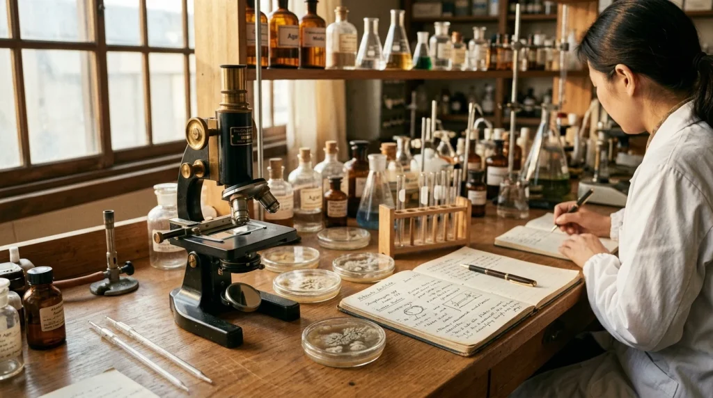 Microbiology laboratory with Streptomyces avermitilis culture dishes and antique microscope