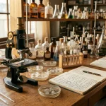 Microbiology laboratory with Streptomyces avermitilis culture dishes and antique microscope