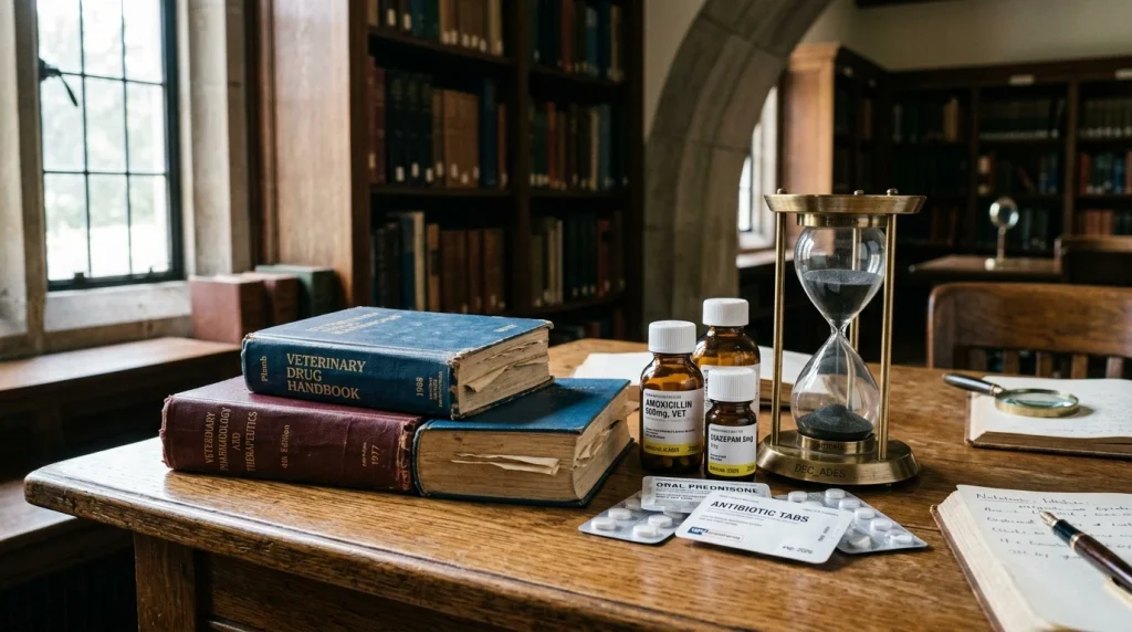 Vintage pharmacology textbooks modern medicine bottles and hourglass spanning decades