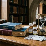 Vintage pharmacology textbooks modern medicine bottles and hourglass spanning decades