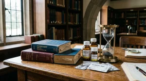 Vintage pharmacology textbooks modern medicine bottles and hourglass spanning decades