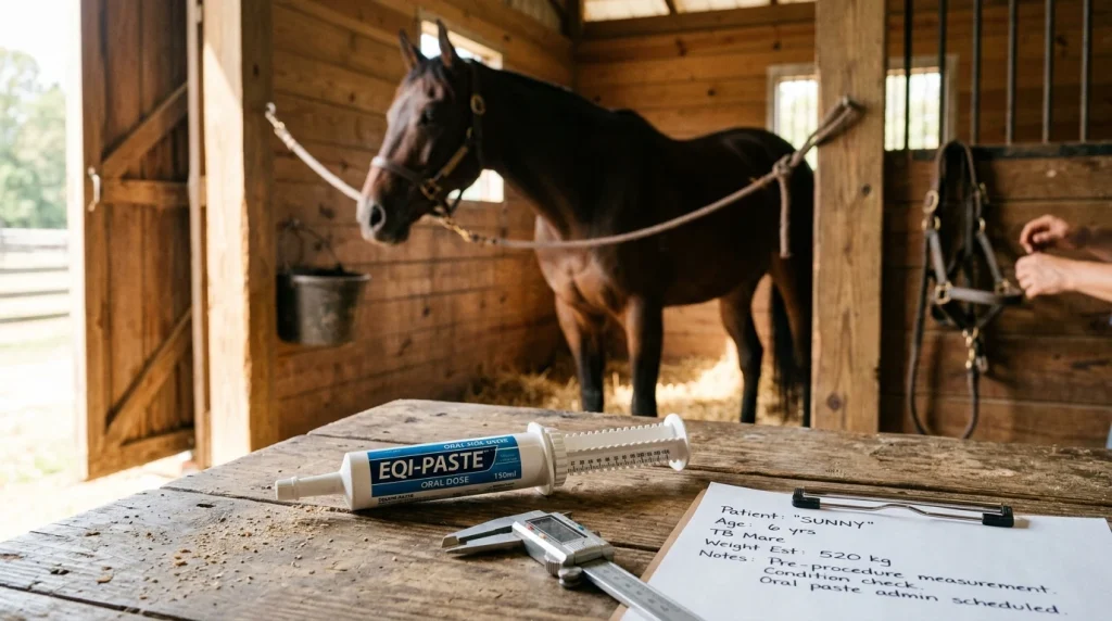 Veterinary syringe of ivermectin horse paste on barn table