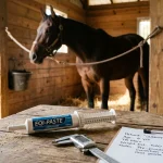 Veterinary syringe of ivermectin horse paste on barn table